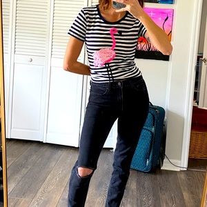 J Crew Navy & White Striped Flamingo Collector Tee